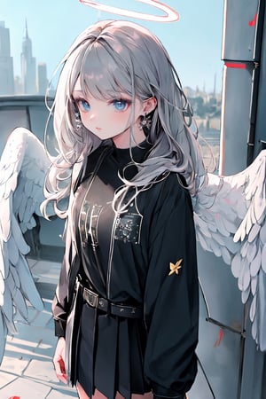(masterpiece),,(best quality), High detailed ,masterpiece, 

1girl, solo, long hair, looking at viewer, blue eyes, skirt, shirt, long sleeves, jewelry, closed mouth, grey hair, pleated skirt, earrings, outdoors, wings, belt, black skirt, black shirt, halo, ear piercing, feathered wings, angel wings, angel