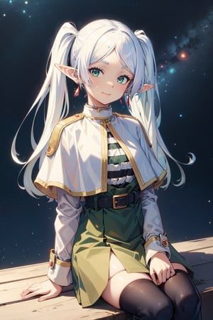 (masterpiece),best quality,highres,stunning art,beautifully painted,colorful,(rim light:1.2),4K wallpapper,fantasy,(panorama),through space,solo,1girl,slim,sitting_invisible_chair,gentle smile,(black thighhighs),long black hair,blunt bangs, green eyes,(khaki fedora), khaki coat,long light-green dress, light-greenshoes,space background,starry_sky,galaxy,red moon,DonMF41ryW1ng5,frieren,

pointy ears,twintails,green eyes,outdoors,long hair,jewelry,earrings,long sleeves,looking at viewer,belt,parted bangs,elf,bangs,capelet,closed mouth,striped,dress,(white hair:1.4),white dress,standing, ((white capelet)), shirt,(blue flowers blue background:1.2),ingling, green eyes,