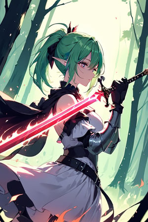 //quality, (masterpiece:1.331), (detailed), ((,best quality,)),//, extremely detailed CG,//,(1girl:1.3),solo,(elf:1.3),//,(lightgreen hair:1.331), long hair,(low ponytail),bangs,hair_bows, (green eye:1.3),breasts,//,(white ethereal armor),white dress,(off-shoulder:1.1),(cloak:1.1),belts,, gloves,//,blush, expressionless, closed_mouth,//,( holding glowing sword: 1.3),red glowing sword, (red flaming sword:1.3),battle_stance,,/, forest, nature,sunset,//,emo,scenery,glowing sword,dark anime,dark fantasy, darkgreenred tone,((from side,viewed_from_side)),Visual_Illustration, 


Holding Magical pink_pink_white fire crest,Magical pink Fire, 