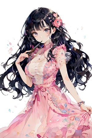 //quality
masterpiece, best quality, aesthetic, 
//Character
1girl, beautiful eyes, big eyes, (detailed eyes:1.2), (perfect eye:1.2),
black hair, long hair,  large breasts, dinamic pose
//Fashion 
(holding pistole), pink dress, Dresses with ruffles and detailed embroidery,
//Background 
(watercolor:0.5), simple background, 