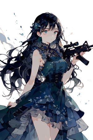 //quality
masterpiece, best quality, aesthetic, 
//Character
1girl, beautiful eyes, big eyes, (deailed eyes:1.2), green eyes, perfect eye, 
black hair, long hair,  large breasts, 
//Fashion 
holding assault rifle, blue dress, Dresses with ruffles and detailed embroidery,
//Background 
(watercolor:0.5), simple background, 