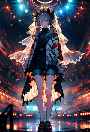 highres,absurdres,masterpiece,best quality,original,extremely detailed CG,extremely detailed wallpaper,perfect lighting,(standing on the stage),blurry background,looking at viewer,,0p3r4,dress,veil, (opera:1.4)


1girl, solo, long hair, looking at viewer, shirt, long sleeves, bow, holding, twintails, closed mouth, jacket, hair bow, grey hair, shoes, shorts, socks, open jacket, sleeves past wrists, grey eyes, black shirt, , white jacket, ,cinematic, 