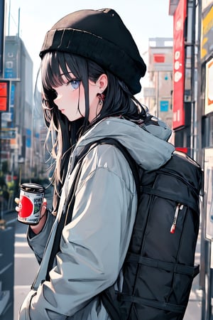 (masterpiece),,(best quality), High detailed ,masterpiece, 

1girl, solo, long hair, looking at viewer, black hair, long sleeves, hat, holding, jewelry, closed mouth, jacket, upper body, earrings, outdoors, hood, bag, from side, dated, cup, looking to the side, grey eyes, black headwear, hoodie, backpack, hood down, holding cup, hooded jacket, can, beanie, holding can, vending machine