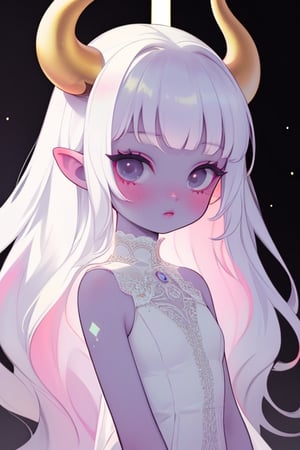 (masterpiece),,(best quality), 

(long intricate horns) ,albino girl, deep black eyes, skin reflects an almost celestial glow, highlighting her ethereal nature,  albino demon girl,goth person, upper body, 