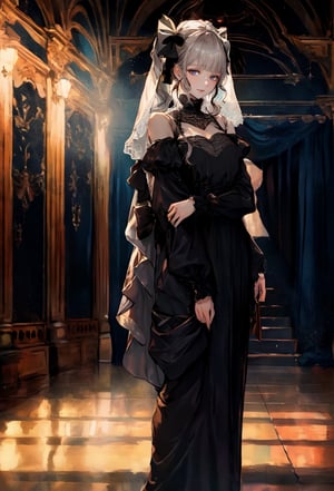 highres,absurdres,masterpiece,best quality,original,extremely detailed CG,extremely detailed wallpaper,perfect lighting,(standing on the stage),blurry background,looking at viewer,,0p3r4,dress,veil, (opera:1.4)

 black dress, bare shoulder, short sleeve, short dress, tight clothes, 

1girl, solo, long hair, looking at viewer, shirt, long sleeves, bow, twintails, closed mouth, hair bow, grey hair,  grey eyes, black shirt, ,cinematic, ,nodf_lora, (indoor:1.3),ayaka_genshin,bzsohee