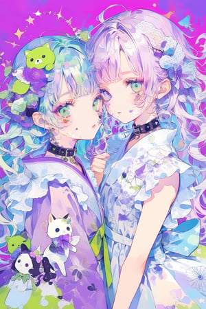  masterpiece, best quality, whimsical and colorful illustration featuring two charming Kawaii girls purple, donning adorable pastel outfits and cute accessories green, striking playful poses as vibrant paint splatters and drips swirl around them, (complementary colors purple, green:1.4), adding a touch of whimsy and dynamism to their cute anime-inspired characters, Illustration, mixed media (digital painting and traditional watercolor purple),multicolored hair green, multicolored eyes, multicolored_dress, (purple:1.4),(green:1.4)(multicolored_background:1.4), long hair,purple hair,kawaii,deco , decora ,DECORA, Japanese aesthetic and fashion deco, ((((deco)))) decora, tokyo fashion... colorful clothing surrounded by other colorful objects on top ,dolls on head, purple hair, green hair, stuffed Toys, collars, animals, stickers on face , on body, purple hair ornament, emo, (complementary colors purple, green:1.4), 