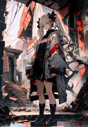 (high quality), nodf_lora, 1girl, solo, portrait, closeup, long hair, dress, rock temple, standing, stairs, ruins, pillar, (depth of field),  


1girl, solo, long hair, looking at viewer, shirt, long sleeves, bow, holding, twintails, closed mouth, jacket, hair bow, grey hair, shoes, shorts, socks, open jacket, sleeves past wrists, grey eyes, black shirt, , white jacket, ,cinematic