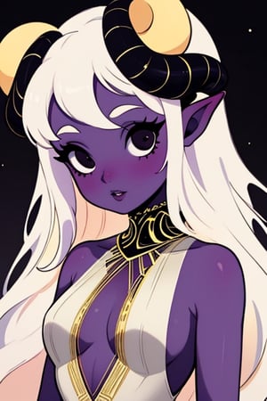 (masterpiece),,(best quality), 

(long intricate horns) ,albino girl, deep black eyes, skin reflects an almost celestial glow, highlighting her ethereal nature,  albino demon girl,goth person, upper body, 