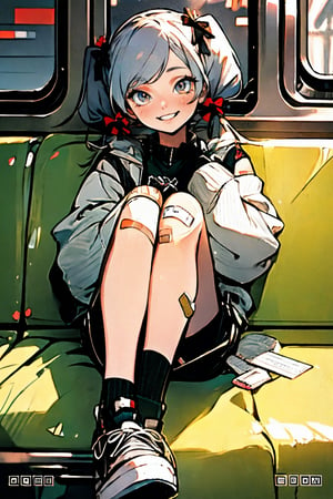 (masterpiece),,(best quality), 

1girl, solo, long hair, looking at viewer, shirt, long sleeves, bow, holding, twintails, sitting, jacket, full body, hair bow, grey hair, shoes, shorts, socks, open jacket, sleeves past wrists, grey eyes, black shirt, black shorts, white footwear, white jacket, black socks, sneakers, bandaid, bandaid on leg, train interior, (mesugaki:1.4), (smile:1.4)