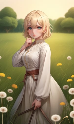 score_9, score_8_up, score_7_up, score_6_up, score_5_up, score_4_up, (source_anime),  1girl, solo, looking at viewer, blush, short hair, open mouth, blonde hair,  hair ornament,  green eyes, ass, pants, from behind, (dandelion field:1.4)

(iconic medieval),(dynamic pose, looking at viewer),more detail XL,