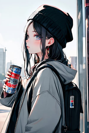 (masterpiece),,(best quality), High detailed ,masterpiece, 

1girl, solo, long hair, looking at viewer, black hair, long sleeves, hat, holding, jewelry, closed mouth, jacket, upper body, earrings, outdoors, hood, bag, from side, dated, cup, looking to the side, grey eyes, black headwear, hoodie, backpack, hood down, holding cup, hooded jacket, can, beanie, holding can, vending machine