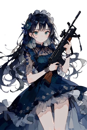 //quality
masterpiece, best quality, aesthetic, 
//Character
1girl, beautiful eyes, big eyes, deailed eyes, green eyes, 
black hair, long hair,  large breasts, 
//Fashion 
holding assault rifle, blue dress, Dresses with ruffles and detailed embroidery,
//Background 
(watercolor:0.5), simple background, 