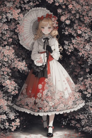 girl in lolita, dressed in a pastel red frilly dress, wearing lace gloves yellow, holding a sunshade with intricate floral design, curly blonde hair adorned with bows, standing in a blooming cherry blossom garden, surrounded by fluttering butterflies, soft sunlight filtering through the trees, creating a dreamy and ethereal atmosphere, painted in soft watercolor strokes.,DArt, (theme red:1.2)
(analogous colors red:1.8)