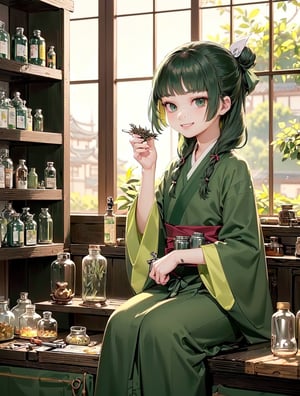 deformed Anime Style,full body,beautiful,smirk,
masterpiece, best quality, highres, 1girl hair ribbon hair ornament, hanfu green shirt wide sleeves red skirt long skirt , smirk, indoors, east asian architecture,1girl ((hair ribbon hair ornament,bun)),((Portrait)),1girl,maomao,((Dark green hair:1.4)), (20 years old:1.3)
shangfu,freckles, (blue ribbon:1.4)

,

masterpiece, best quality,indoors,Wood windows,Chinese architecture,1girl,bandage,sitting, grin,star eyes, (herbs:1.2), (antique white medicine bottles, medicinal jars, apothecary tools:1.4)
