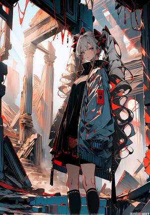 (high quality), nodf_lora, 1girl, solo, portrait, closeup, long hair, dress, rock temple, standing, stairs, ruins, pillar, (depth of field),  (Ancient Ruins:1.4),


1girl, solo, long hair, looking at viewer, shirt, long sleeves, bow, holding, twintails, closed mouth, jacket, hair bow, grey hair, shoes, shorts, socks, open jacket, sleeves past wrists, grey eyes, black shirt, , white jacket, ,cinematic, 
