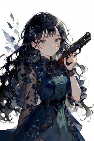 //quality
masterpiece, best quality, aesthetic, 
//Character
1girl, beautiful eyes, big eyes, (detailed eyes:1.6), green eyes, perfect eye, ...
black hair, long hair,  large breasts, 
//Fashion 
holding pistole gun, blue dress, Dresses with ruffles and detailed embroidery,
//Background 
(watercolor:0.5), simple background, 