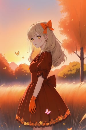 girl in lolita, (red dress:1.1), (wearing lace gloves), curly blonde hair adorned with bows, standing in a blooming cherry blossom garden, surrounded by fluttering butterflies, soft sunlight filtering through the trees orange, creating a dreamy and ethereal atmosphere analogous colors yellow, 
(analogous colors red, orange, yellow:1.3), (orange grass, sunset sky, pink flowers:1.2), 