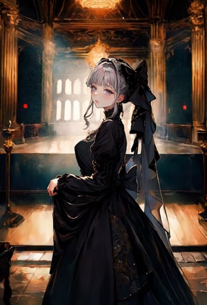 highres,absurdres,masterpiece,best quality,original,extremely detailed CG,extremely detailed wallpaper,perfect lighting,(standing on the stage),blurry background,looking at viewer,,0p3r4,dress,veil, (opera:1.4)

 black dress, bare shoulder, short sleeve, short dress, tight clothes, 

1girl, solo, long hair, looking at viewer, shirt, long sleeves, bow, twintails, closed mouth, hair bow, grey hair,  grey eyes, black shirt, ,cinematic, ,nodf_lora, (indoor:1.3),ayaka_genshin,bzsohee