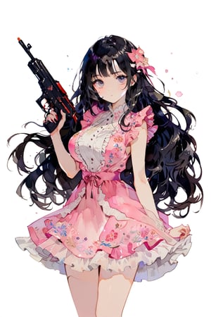 //quality
masterpiece, best quality, aesthetic, 
//Character
1girl, beautiful eyes, big eyes, (detailed eyes:1.2), (perfect eye:1.2),
black hair, long hair,  large breasts, dinamic pose
//Fashion 
holding firegun, pink dress, Dresses with ruffles and detailed embroidery,
//Background 
(watercolor:0.5), simple background, 