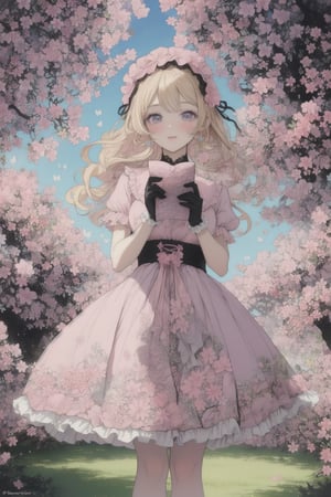 girl in lolita, dressed in a pastel pink frilly dress, wearing lace gloves yellow, holding a sunshade with intricate floral design, curly blonde hair adorned with bows, standing in a blooming cherry blossom garden, surrounded by fluttering butterflies, soft sunlight filtering through the trees, creating a dreamy and ethereal atmosphere, painted in soft watercolor strokes.,DArt
, (pastel pink:1.4), (pastel purple:1.2),(pastel red:1.2),
(analogous colors pink:1.4)