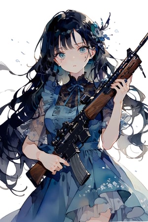 //quality
masterpiece, best quality, aesthetic, 
//Character
1girl, beautiful eyes, big eyes, (deailed eyes:1.2), green eyes, perfect eye, 
black hair, long hair,  large breasts, 
//Fashion 
holding assault rifle, blue dress, Dresses with ruffles and detailed embroidery,
//Background 
(watercolor:0.5), simple background, 