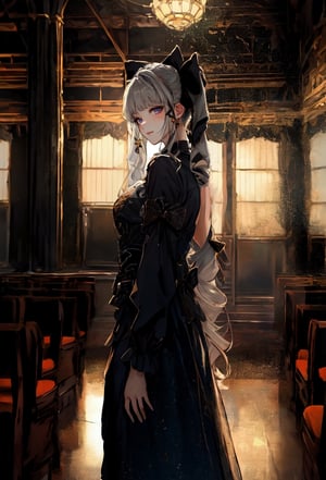 highres,absurdres,masterpiece,best quality,original,extremely detailed CG,extremely detailed wallpaper,perfect lighting,(standing on the stage),blurry background,looking at viewer,,0p3r4,dress,veil, (opera:1.4)

 black dress, bare shoulder, short sleeve, short dress, tight clothes, 

1girl, solo, long hair, looking at viewer, shirt, long sleeves, bow, twintails, closed mouth, hair bow, grey hair,  grey eyes, black shirt, ,cinematic, ,nodf_lora, (indoor:1.3),ayaka_genshin,bzsohee