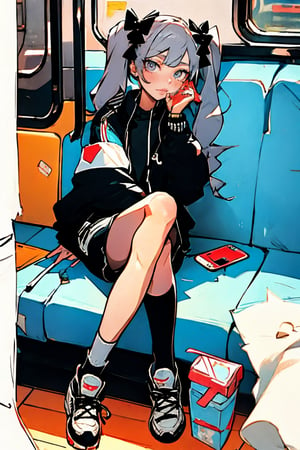 (masterpiece),,(best quality), 

1girl, solo, long hair, looking at viewer, shirt, long sleeves, bow, holding, twintails, sitting, closed mouth, jacket, full body, hair bow, grey hair, shoes, shorts, socks, open jacket, sleeves past wrists, grey eyes, black shirt, phone, black shorts, white footwear, white jacket, cellphone, bottle, black socks, sneakers, bandaid, water bottle, bandaid on leg, train interior,mesugaki