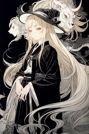 1 girl, masterpiece, cowboy shot, jigoku shoujo, blonde hair, (1girl:1.3),BREAK, black and white,very long hair,absurdres, highres, ultra detailed, infrared photography, ghostly effect,LINEART,sadness,sad_face, monochromatic,cowboy_shot,More Detail,string