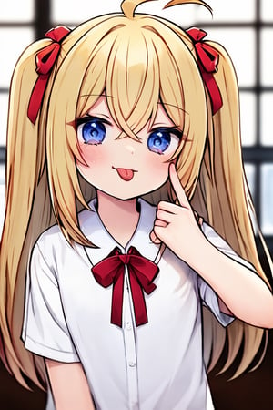 (masterpiece),,(best quality), 

(closed mouth:1.1), upper body, ahoge,  (hand up:1,1), tongue out, eyes visible through hair,  :p, akanbe, finger under the eye


1girl, solo, long hair, looking at viewer, blush, smile, open mouth, blue eyes, blonde hair, shirt, hair ornament, ribbon, hair between eyes, white shirt, upper body, short sleeves, heart, tongue, collared shirt, tongue out,  blurry, red ribbon, window, one side up, :p, heart hair ornament