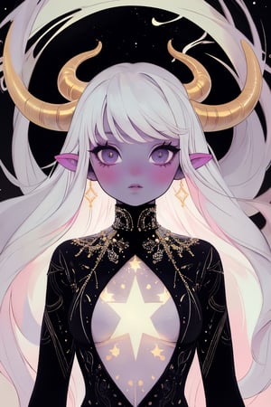 (masterpiece),,(best quality), 

(long intricate horns:1.2) ,albino girl, deep black eyes, skin reflects an almost celestial glow, highlighting her ethereal nature,  albino demon girl,goth person, upper body, 