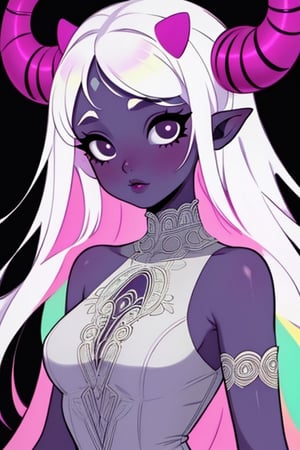 (masterpiece),,(best quality), 

(long intricate horns) ,albino girl, deep black eyes, skin reflects an almost celestial glow, highlighting her ethereal nature,  albino demon girl,goth person, upper body, chromatic, chromatic dress, chromatic hair, white hair, pink hair,