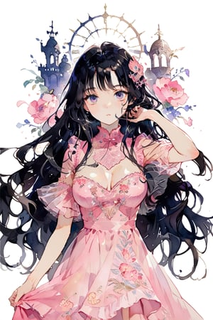 //quality
masterpiece, best quality, aesthetic, 
//Character
1girl, beautiful eyes, big eyes, (detailed eyes:1.2), (perfect eye:1.2),
black hair, long hair,  large breasts, dinamic pose
//Fashion 
holding pistole, pink dress, Dresses with ruffles and detailed embroidery,
//Background 
(watercolor:0.5), simple background, 