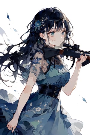 //quality
masterpiece, best quality, aesthetic, 
//Character
1girl, beautiful eyes, big eyes, (deailed eyes:1.2), green eyes, perfect eye, 
black hair, long hair,  large breasts, 
//Fashion 
holding assault rifle, blue dress, Dresses with ruffles and detailed embroidery,
//Background 
(watercolor:0.5), simple background, 