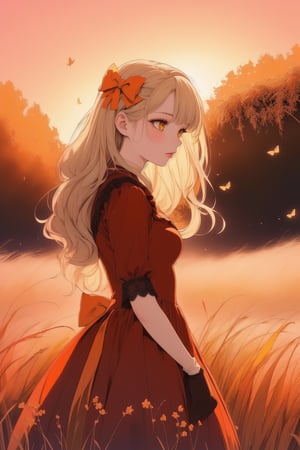 girl in lolita, (red dress:1.1), (wearing lace gloves), curly blonde hair adorned with bows, standing in a blooming cherry blossom garden, surrounded by fluttering butterflies, soft sunlight filtering through the trees orange, creating a dreamy and ethereal atmosphere analogous colors yellow, 
(analogous colors red, orange, yellow:1.3), (orange grass, sunset sky, pink flowers:1.2)