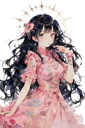 //quality
masterpiece, best quality, aesthetic, 
//Character
1girl, beautiful eyes, big eyes, (detailed eyes:1.2), (perfect eye:1.2),
black hair, long hair,  large breasts, dinamic pose
//Fashion 
holding pistole, pink dress, Dresses with ruffles and detailed embroidery,
//Background 
(watercolor:0.5), simple background, 