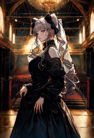 highres,absurdres,masterpiece,best quality,original,extremely detailed CG,extremely detailed wallpaper,perfect lighting,(standing on the stage),blurry background,looking at viewer,,0p3r4,dress,veil, (opera:1.4), (musical theatre:1.2)

 black dress, bare shoulder, short sleeve, short dress, tight clothes, 

1girl, solo, long hair, looking at viewer, shirt, long sleeves, bow, twintails, closed mouth, hair bow, grey hair,  grey eyes, black shirt, ,cinematic, ,nodf_lora, (indoor:1.3),ayaka_genshin,bzsohee