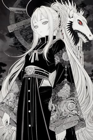 1 girl, masterpiece, cowboy shot, jigoku shoujo, blonde hair, (1girl:1.3),BREAK, black and white,very long hair,absurdres, highres, ultra detailed, infrared photography, ghostly effect,LINEART,sadness,sad_face, monochromatic,cowboy_shot,More Detail,string