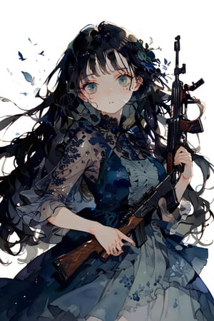 //quality
masterpiece, best quality, aesthetic, 
//Character
1girl, beautiful eyes, big eyes, (detailed eyes:1.6), green eyes, perfect eye, ...
black hair, long hair,  large breasts, 
//Fashion 
holding assault rifle, blue dress, Dresses with ruffles and detailed embroidery,
//Background 
(watercolor:0.5), simple background, 