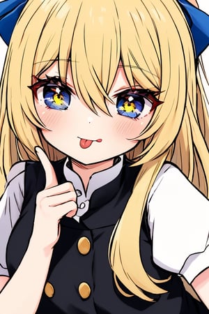 (masterpiece),,(best quality), 

1girl, solo, long hair, looking at viewer, blush, blonde hair, simple background, shirt, white background, bow, hair between eyes, (closed mouth:1.1), yellow eyes, white shirt, upper body, braid, ahoge, short sleeves, hair bow, tongue, puffy sleeves, (hand up:1,1), tongue out, vest, puffy short sleeves, symbol-shaped pupils, single braid, buttons, eyes visible through hair, white bow, :p, black vest, akanbe, finger under the eye