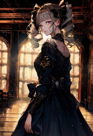 highres,absurdres,masterpiece,best quality,original,extremely detailed CG,extremely detailed wallpaper,perfect lighting,(standing on the stage),blurry background,looking at viewer,,0p3r4,dress,veil, (opera:1.4)

 black dress, bare shoulder, short sleeve, short dress, tight clothes, 

1girl, solo, long hair, looking at viewer, shirt, long sleeves, bow, twintails, closed mouth, hair bow, grey hair,  grey eyes, black shirt, ,cinematic, ,nodf_lora, (indoor:1.3),ayaka_genshin,bzsohee