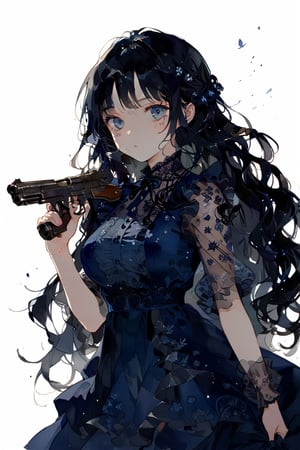 //quality
masterpiece, best quality, aesthetic, 
//Character
1girl, beautiful eyes, big eyes, (detailed eyes:1.2), (perfect eye:1.2),
black hair, long hair,  large breasts, 
//Fashion 
holding pistole gun, blue dress, Dresses with ruffles and detailed embroidery,
//Background 
(watercolor:0.5), simple background, 