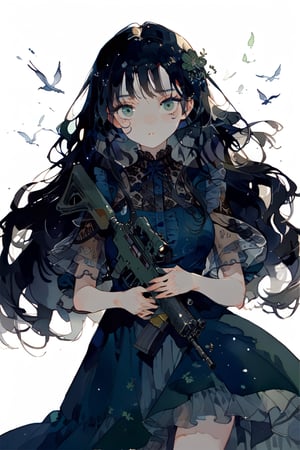 //quality
masterpiece, best quality, aesthetic, 
//Character
1girl, beautiful eyes, big eyes, (detailed eyes:1.6), green eyes, perfect eye, ...
black hair, long hair,  large breasts, 
//Fashion 
holding assault rifle, blue dress, Dresses with ruffles and detailed embroidery,
//Background 
(watercolor:0.5), simple background, 