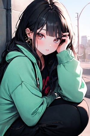 (masterpiece),,(best quality), High detailed ,masterpiece, 

1girl, solo, long hair, looking at viewer, blush, black hair, long sleeves, brown eyes, jewelry, sitting, closed mouth, jacket, earrings, pants, hood, hoodie, black pants, piercing, squatting, hood down, ear piercing, hand on own face, head rest