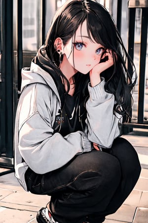 (masterpiece),,(best quality), High detailed ,masterpiece, 

1girl, solo, long hair, looking at viewer, blush, black hair, long sleeves, brown eyes, jewelry, sitting, closed mouth, jacket, earrings, pants, hood, hoodie, black pants, piercing, squatting, hood down, ear piercing, hand on own face, head rest