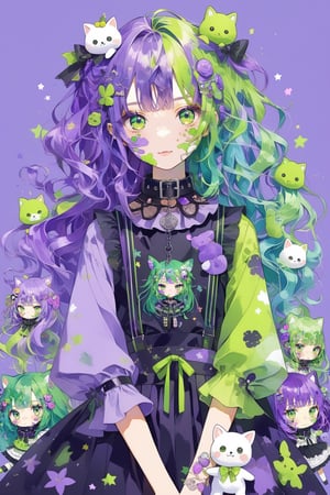  masterpiece, best quality, whimsical and colorful illustration featuring two charming Kawaii girls purple, donning adorable pastel outfits and cute accessories green, striking playful poses as vibrant paint splatters and drips swirl around them, (complementary colors purple, green:1.4), adding a touch of whimsy and dynamism to their cute anime-inspired characters, Illustration, mixed media (digital painting and traditional watercolor purple),multicolored hair green, multicolored eyes, multicolored_dress, (purple:1.4),(green:1.4)(multicolored_background:1.4), long hair,purple hair,kawaii,deco , decora ,DECORA, Japanese aesthetic and fashion deco, ((((deco)))) decora, tokyo fashion... colorful clothing surrounded by other colorful objects on top ,dolls on head, purple hair, green hair, stuffed Toys, collars, animals, stickers on face , on body, purple hair ornament, emo, (complementary colors purple, green:1.4), 