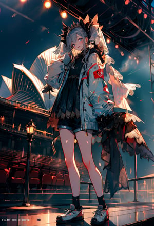 highres,absurdres,masterpiece,best quality,original,extremely detailed CG,extremely detailed wallpaper,perfect lighting,(standing on the stage),blurry background,looking at viewer,,0p3r4,dress,veil, (opera house:1.4)


1girl, solo, long hair, looking at viewer, shirt, long sleeves, bow, holding, twintails, closed mouth, jacket, hair bow, grey hair, shoes, shorts, socks, open jacket, sleeves past wrists, grey eyes, black shirt, , white jacket, ,cinematic, 