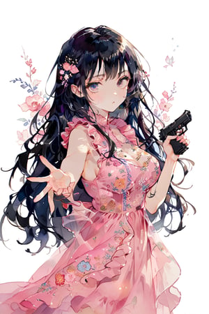 //quality
masterpiece, best quality, aesthetic, 
//Character
1girl, beautiful eyes, big eyes, (detailed eyes:1.2), (perfect eye:1.2),
black hair, long hair,  large breasts, dinamic pose
//Fashion 
(holding handgun:1.2), pink dress, Dresses with ruffles and detailed embroidery,
//Background 
(watercolor:0.5), simple background, 