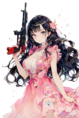 //quality
masterpiece, best quality, aesthetic, 
//Character
1girl, beautiful eyes, big eyes, (detailed eyes:1.2), (perfect eye:1.2),
black hair, long hair,  large breasts, dinamic pose
//Fashion 
holding firegun, pink dress, Dresses with ruffles and detailed embroidery,
//Background 
(watercolor:0.5), simple background, 