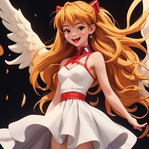 asuka adult,angel_wings, angel, masterpiece, full details, details, black eyes, blonde laughed hair, dynamic background, white dress.,YeiyeiArt