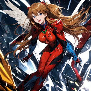 asuka,angel_wings, angel, masterpiece, full details, details, black eyes, blonde laughed hair, dynamic background  , blue eyes